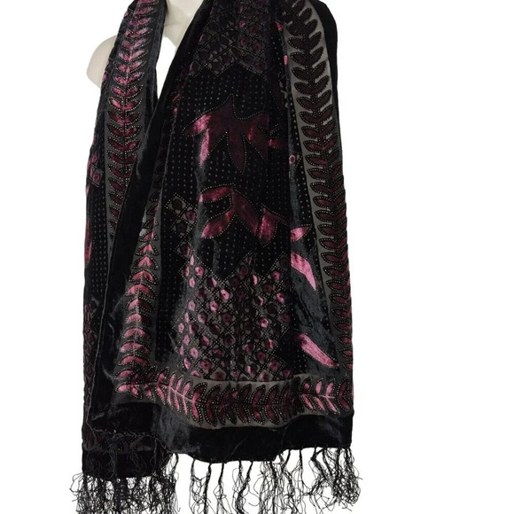 Black Pink Viscose Silk Flocked Scarf Wrap Fringe Lightweight Unbranded - Picture 2 of 7